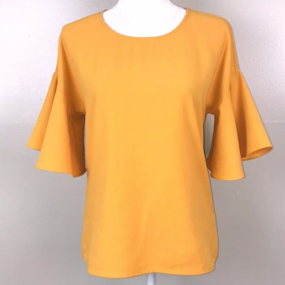 Ann Taylor Matte Mustard Yellow Jersey Bell Sleeve Top Size Medium